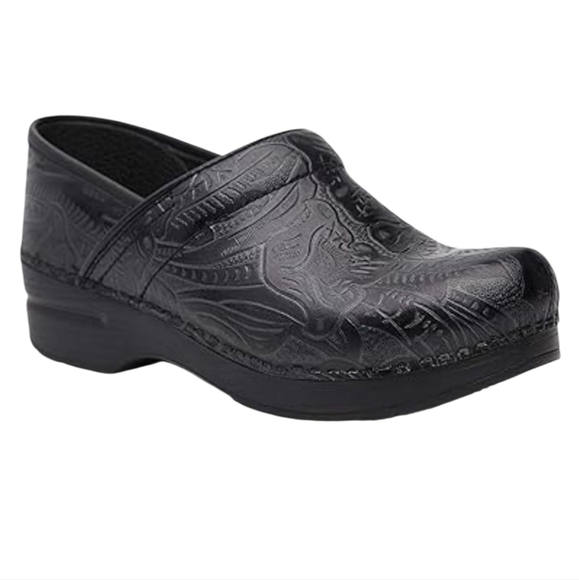 Womens Dansko Professional Black Tooled Leather Clogs Classic Work Embossed 39 9 - Picture 1 of 16